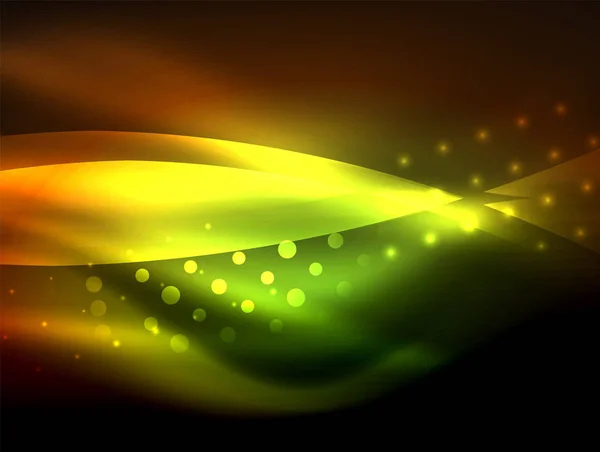 Fond d'onde néon avec des effets de lumière, lignes courbes avec des points scintillants et brillants, couleurs éclatantes dans l'obscurité, énergie magique — Image vectorielle