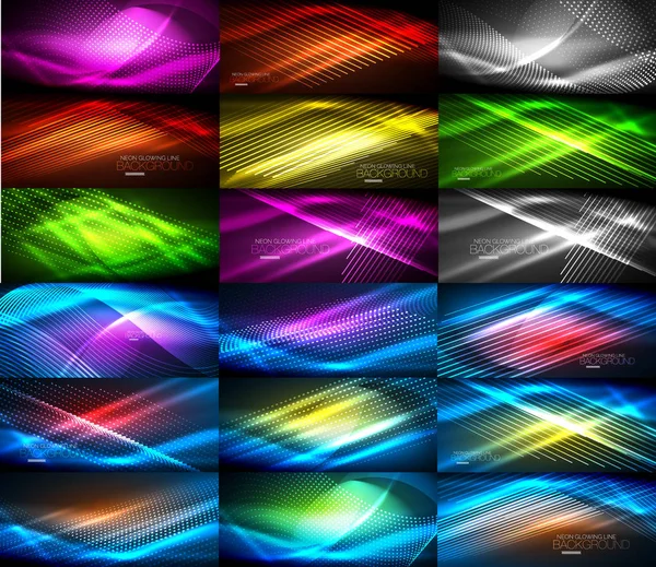 Colección de fondos abstractos de luz brillante de neón, mega conjunto de fondos de concepto mágico de energía — Vector de stock