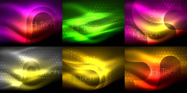 Set neon gloeiende golven en lijnen, glanzende lichteffect digitale techno beweging achtergronden. Verzameling van donkere ruimte magische vector sjablonen — Stockvector