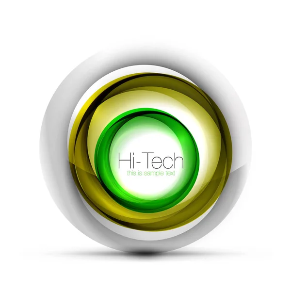 Banner web digital tecno esfera, botón o icono con texto. Diseño de círculo abstracto de color remolino brillante, símbolo futurista de alta tecnología con anillos de color y elemento metálico gris — Archivo Imágenes Vectoriales