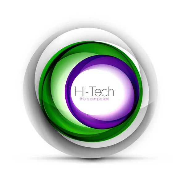 Web-Banner der digitalen Techno-Sphäre, Schaltfläche oder Icon mit Text. Hochglanz-Wirbelfarbe abstraktes Kreisdesign, Hi-Tech-futuristisches Symbol mit Farbringen und grauem Metallic-Element — Stockvektor