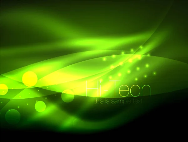 Fond d'onde néon avec des effets de lumière, lignes courbes avec des points scintillants et brillants, couleurs éclatantes dans l'obscurité, énergie magique — Image vectorielle