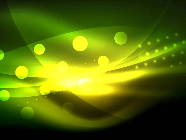 Neon hullám háttérben fény hatás, vonalvezetés, csillogó és fényes pontokkal, ragyogó színek, sötétben, mágikus energia — Stock Vector