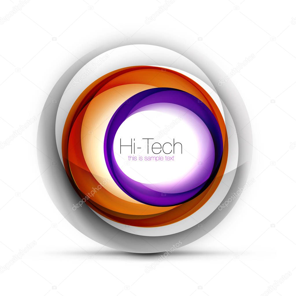 Digital techno sphere web banner, button or icon with text. Glossy swirl color abstract circle design, hi-tech futuristic symbol with color rings and grey metallic element. Vector illustration