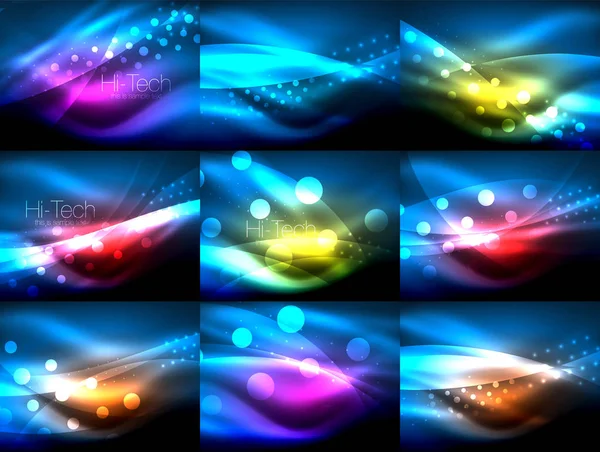 Conjunto de fondos de onda de neón con efectos de luz, líneas curvas con puntos brillantes y brillantes, colores brillantes en la oscuridad, ilustraciones de magia vectorial — Vector de stock
