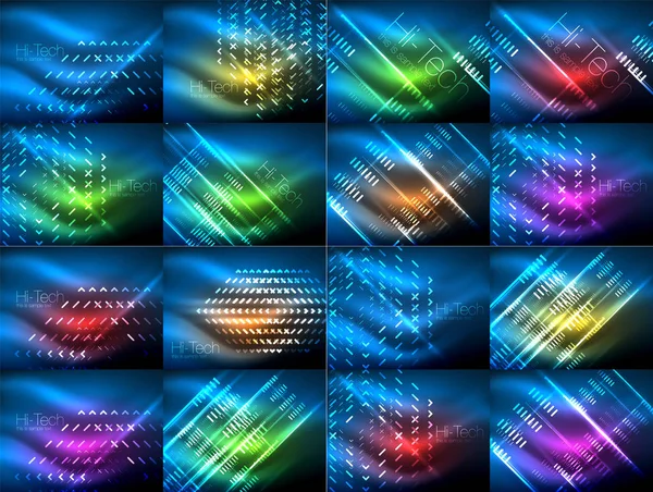 光るネオン線、暗い、光沢のある動き、魔法のスペース ライト上の図形のセットです。ベクトル テクノ抽象的な背景。バナー広告のレイアウト — ストックベクタ