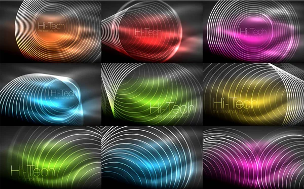 Ensemble de contours circulaires néon anneaux milieux — Image vectorielle