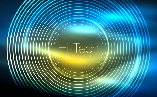 Glödande neon cirkelformer, techno bakgrund. Abstrakta blankt genomskinliga cirklar på mörka teknik utrymme — Stock vektor