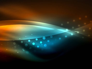 Neon dalga arka plan ışık efektleri, ışıltılı ve parlak nokta, karanlıkta, sihirli enerji parlak renkleri ile curvy hatları ile