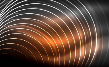Yuvarlak parlak neon şekiller, techno arka plan. Soyut parlak saydam daireler karanlık teknolojisi alanı