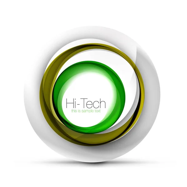 Digitální techno koule web banner, tlačítko nebo ikonu s textem. Lesklá spirála barva abstraktní kruh design, hi-tech futuristické symbol s barevných kroužků a šedý kovový prvek — Stockový vektor