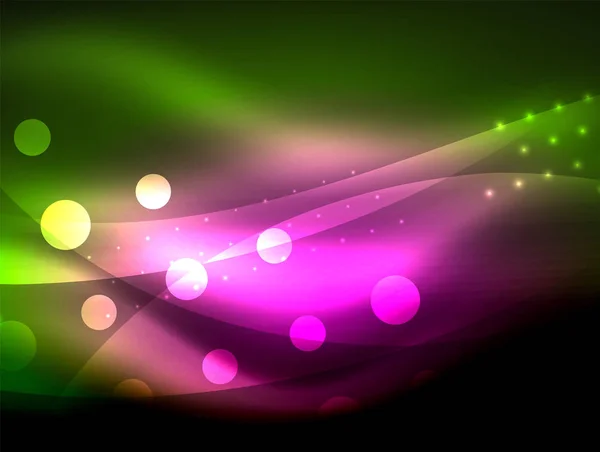 Neon fala tło z efektami świetlnymi, zakrzywione linie z kropkami błyszczące i lśniące, kolory świecące w ciemności, magicznej energii — Wektor stockowy