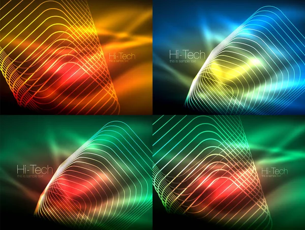 光る流れる波ネオン背景、エネルギーの概念の波のラインのセット — ストックベクタ
