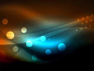Neon dalga arka plan ışık efektleri, ışıltılı ve parlak nokta, karanlıkta, sihirli enerji parlak renkleri ile curvy hatları ile