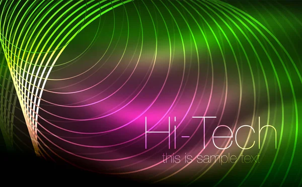 Glödande neon cirkelformer, techno bakgrund. Abstrakta blankt genomskinliga cirklar på mörka teknik utrymme — Stock vektor