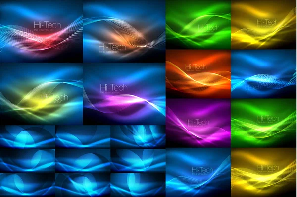 粒子波, ビッグデータ, 暗闇の中で抽象的な光るネオン波状線のコレクション — ストックベクタ
