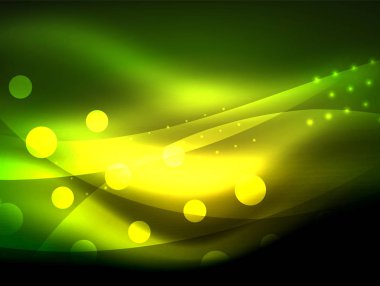 Neon dalga arka plan ışık efektleri, ışıltılı ve parlak nokta, karanlıkta, sihirli enerji parlak renkleri ile curvy hatları ile