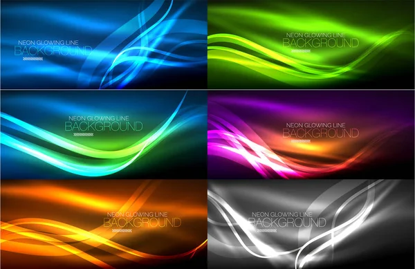 Vector collection of glowing neon shapes in dark abstract backgrounds — Stock Vector