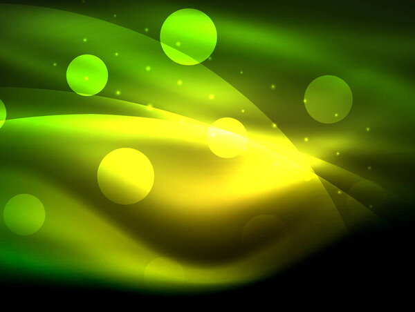 Неоновая волна фон со световыми эффектами, кривые линии с блестящими и блестящими точками, светящиеся цвета в темноте, волшебная энергия
