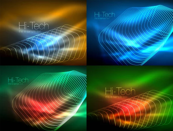 Ensemble d'arrière-plans néon à ondes lumineuses, concept énergétique, lignes d'ondes — Image vectorielle