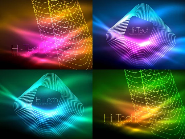 Ensemble d'arrière-plans néon à ondes lumineuses, concept énergétique, lignes d'ondes — Image vectorielle