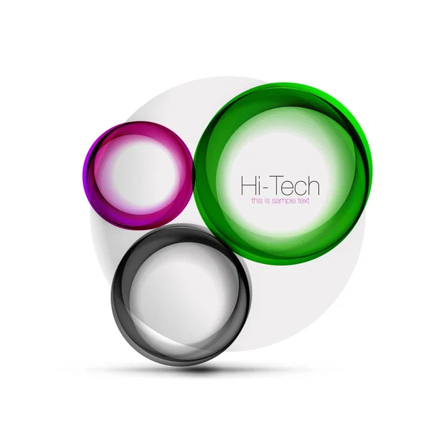 Diseño web circular - esferas digitales techno - banner web, botón o icono con texto. Diseño de círculo abstracto de color remolino brillante, símbolo futurista de alta tecnología con anillos de color y elemento metálico gris — Archivo Imágenes Vectoriales