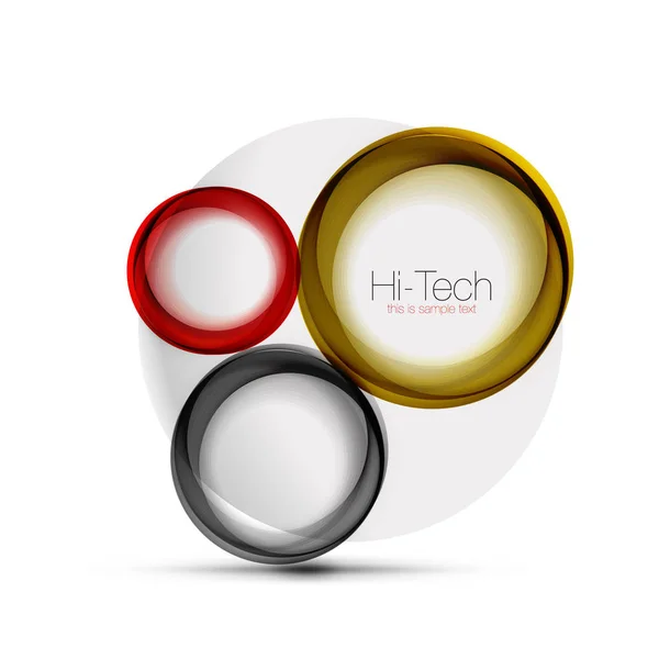 Circle web layout - digital techno spheres - web banner, button or icon with text. Glossy swirl color abstract circle design, hi-tech futuristic symbol with color rings and grey metallic element — Stock Vector