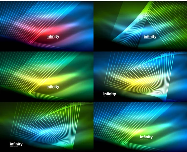 暗闇の中で光る線を白熱抽象ネオン背景のメガコレクション — ストックベクタ