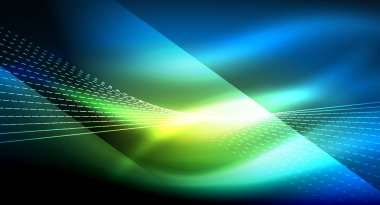 Yumuşak ışık efekti, parlak parlak neon koyu arka plan üzerinde düz çizgiler. Enerji Teknoloji fikir