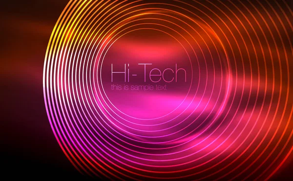 Kreisförmig leuchtende Neonformen, Techno-Hintergrund. abstrakte, glänzende, transparente Kreise auf dunklem Technikraum — Stockvektor