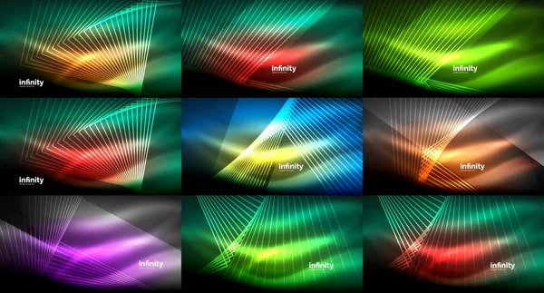 Mega-Sammlung abstrakter Neon-Hintergründe, leuchtende glänzende Linien im Dunkeln — Stockvektor
