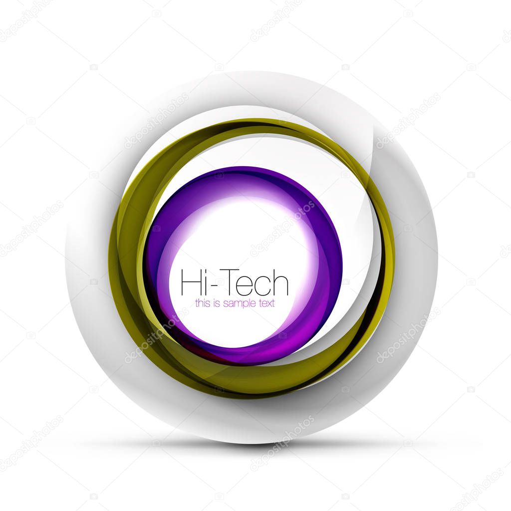 Digital techno sphere web banner, button or icon with text. Glossy swirl color abstract circle design, hi-tech futuristic symbol with color rings and grey metallic element. Vector illustration