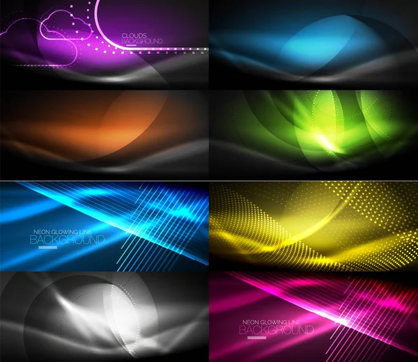 Vektor-Kollektion leuchtender Neon-Formen in dunklen abstrakten Hintergründen — Stockvektor