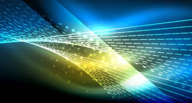 Yumuşak ışık efekti, parlak parlak neon koyu arka plan üzerinde düz çizgiler. Enerji Teknoloji fikir