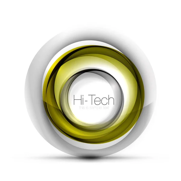 Banner web digital tecno esfera, botón o icono con texto. Diseño de círculo abstracto de color remolino brillante, símbolo futurista de alta tecnología con anillos de color y elemento metálico gris — Vector de stock