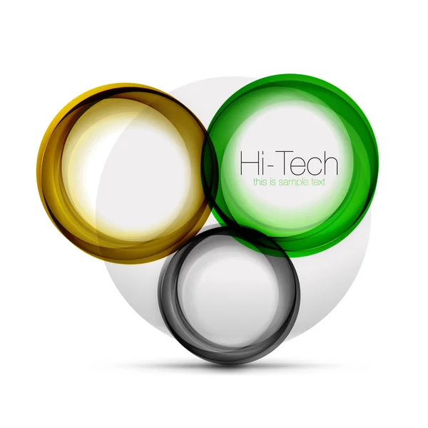 Cirkel web lay-out - digitale techno bollen - webbanner, knop of pictogram met tekst. Glanzende swirl kleur abstracte cirkel ontwerp, hi-tech futuristische symbool met kleur ringen en grijs metalen element — Stockvector