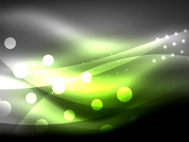 Neon dalga arka plan ışık efektleri, ışıltılı ve parlak nokta, karanlıkta, sihirli enerji parlak renkleri ile curvy hatları ile
