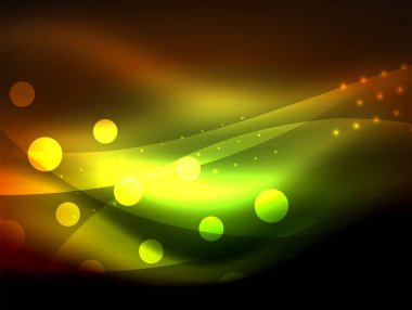 Neon dalga arka plan ışık efektleri, ışıltılı ve parlak nokta, karanlıkta, sihirli enerji parlak renkleri ile curvy hatları ile