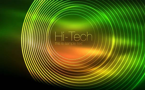 Kreisförmig leuchtende Neonformen, Techno-Hintergrund. abstrakte, glänzende, transparente Kreise auf dunklem Technikraum — Stockvektor