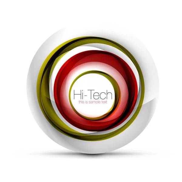 Digital techno esfera web banner, botão ou ícone com texto. Design de círculo abstrato de cor redemoinho brilhante, símbolo futurista oi-tech com anéis de cor e elemento metálico cinza — Vetor de Stock