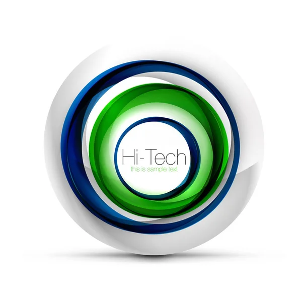 Techno sfera digitale banner web, pulsante o icona con testo. Design a cerchio astratto color turbinio lucido, simbolo futuristico hi-tech con anelli di colore ed elemento metallico grigio — Vettoriale Stock