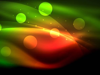 Neon dalga arka plan ışık efektleri, ışıltılı ve parlak nokta, karanlıkta, sihirli enerji parlak renkleri ile curvy hatları ile