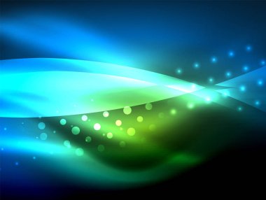 Neon dalga arka plan ışık efektleri, ışıltılı ve parlak nokta, karanlıkta, sihirli enerji parlak renkleri ile curvy hatları ile