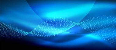 Koyu, parlak hareket, sihirli alan ışık parlayan mavi soyut dalga. Techno arka plan