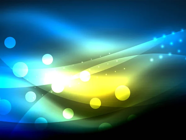 Fundo de onda de néon com efeitos de luz, linhas curvas com pontos brilhantes e brilhantes, cores brilhantes na escuridão, energia mágica — Vetor de Stock