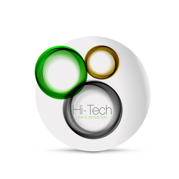 Cirkel web lay-out - digitale techno bollen - webbanner, knop of pictogram met tekst. Glanzende swirl kleur abstracte cirkel ontwerp, hi-tech futuristische symbool met kleur ringen en grijs metalen element — Stockvector