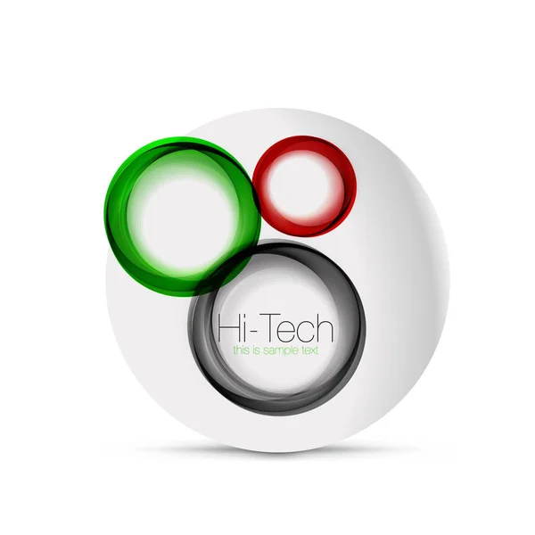 サークル web レイアウト - デジタル テクノ球 - web バナー、ボタンまたはアイコンとテキスト。光沢のある渦巻き模様色抽象サークル デザイン、ハイテクの未来的なシンボル カラー リングと灰色の金属元素 — ストックベクタ
