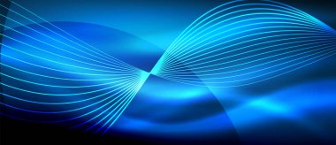 Koyu, parlak hareket, sihirli alan ışık parlayan mavi soyut dalga. Techno arka plan