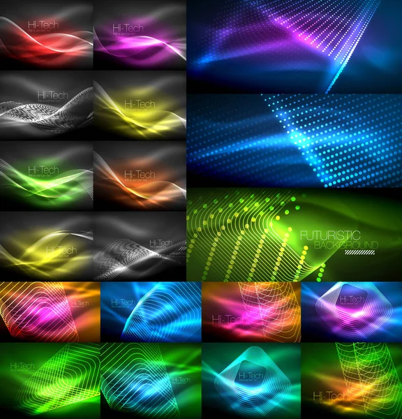 Mega kolekce neon zářící lesklý světle pozadí — Stockový vektor