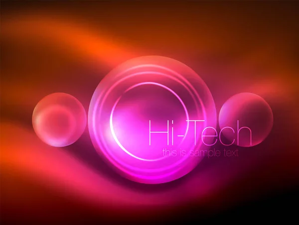 Cercle lumineux néon flou, gabarit bulle moderne hi-tech, formes rondes ou sphères en verre éclatant techno. Fond abstrait géométrique — Image vectorielle